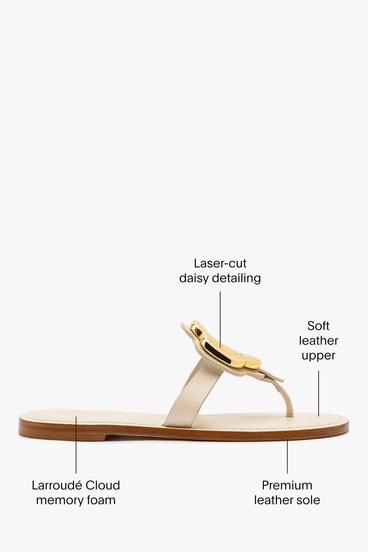 Larroude Margherita Thong Sandal in Ivory Leather and Gold Hardware