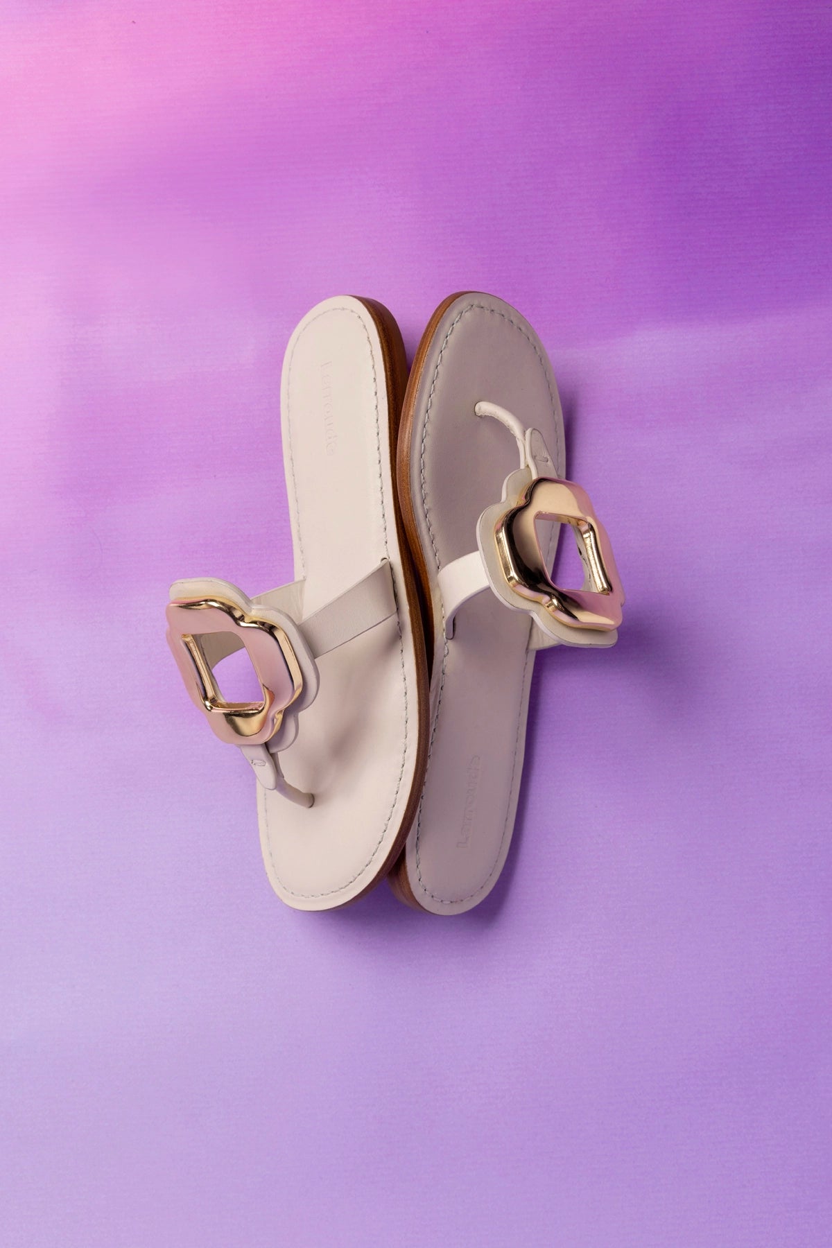 Larroude Margherita Thong Sandal in Ivory Leather and Gold Hardware