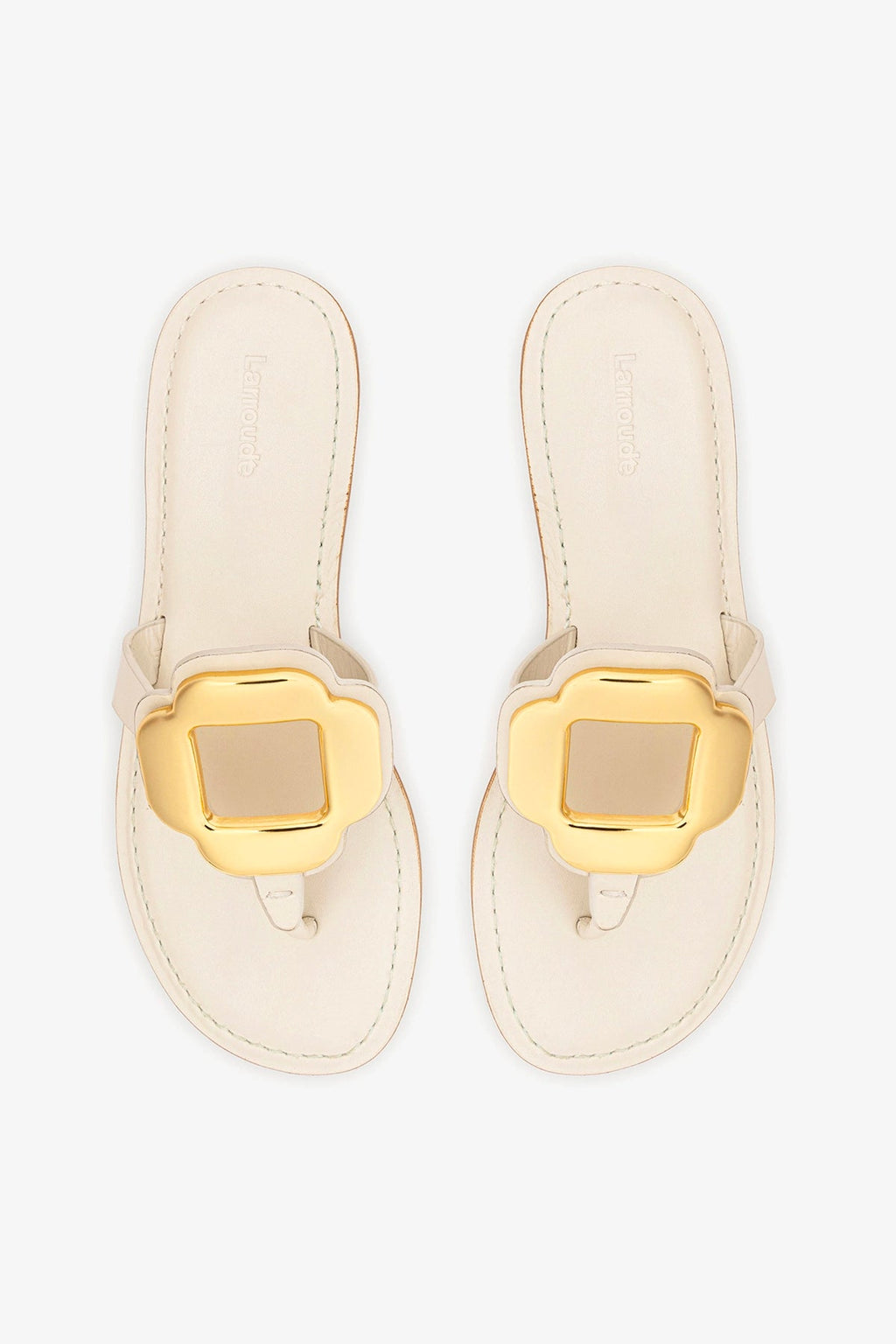 Larroude Margherita Thong Sandal in Ivory Leather and Gold Hardware