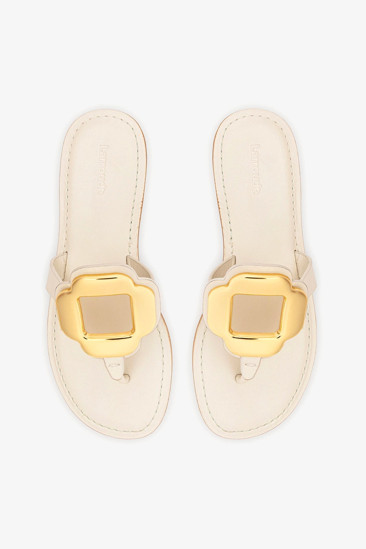 Larroude Margherita Thong Sandal in Ivory Leather and Gold Hardware