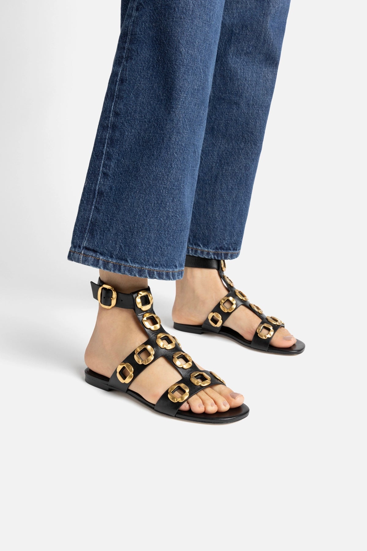 Larroude Milan Gladiator Flat In Black Leather