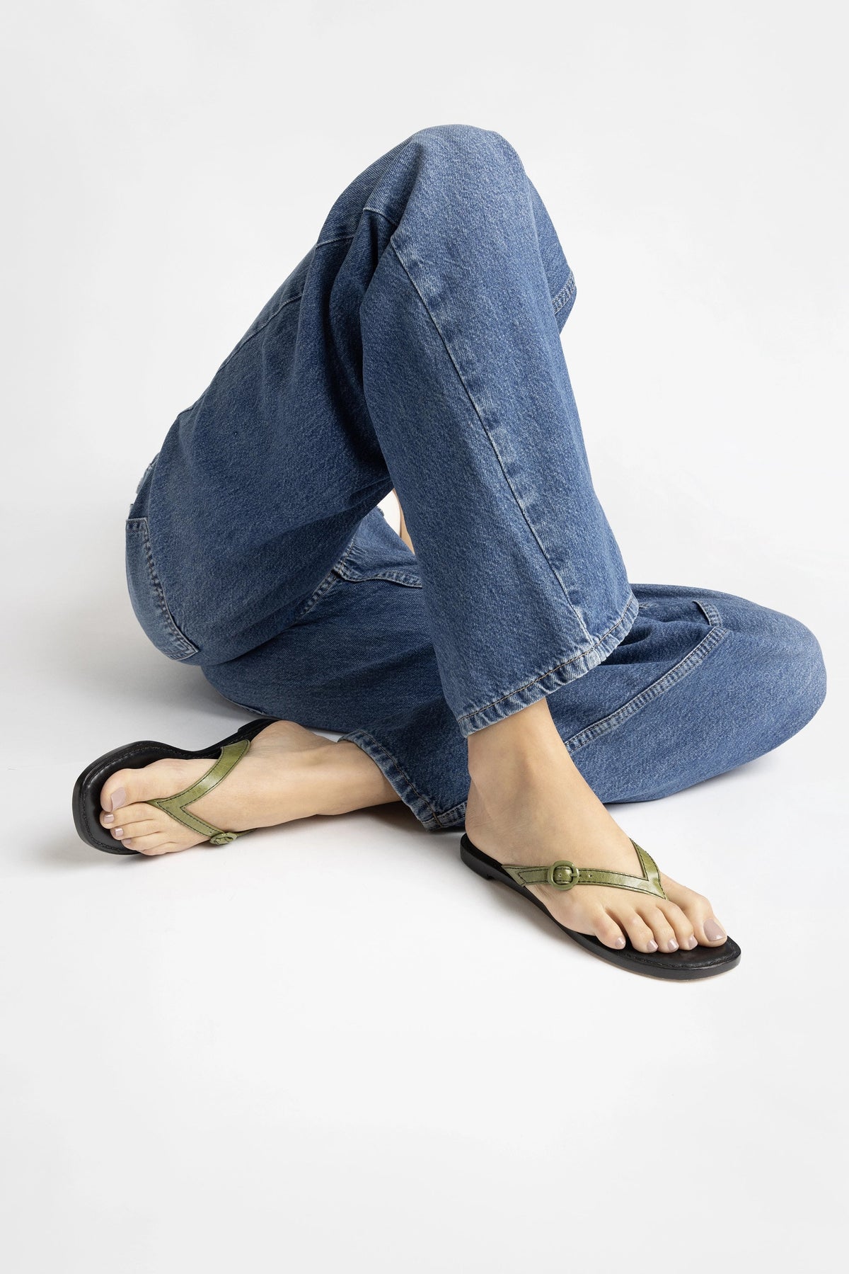 Larroude Mary Kate Flat Sandal In Seaweed Leather