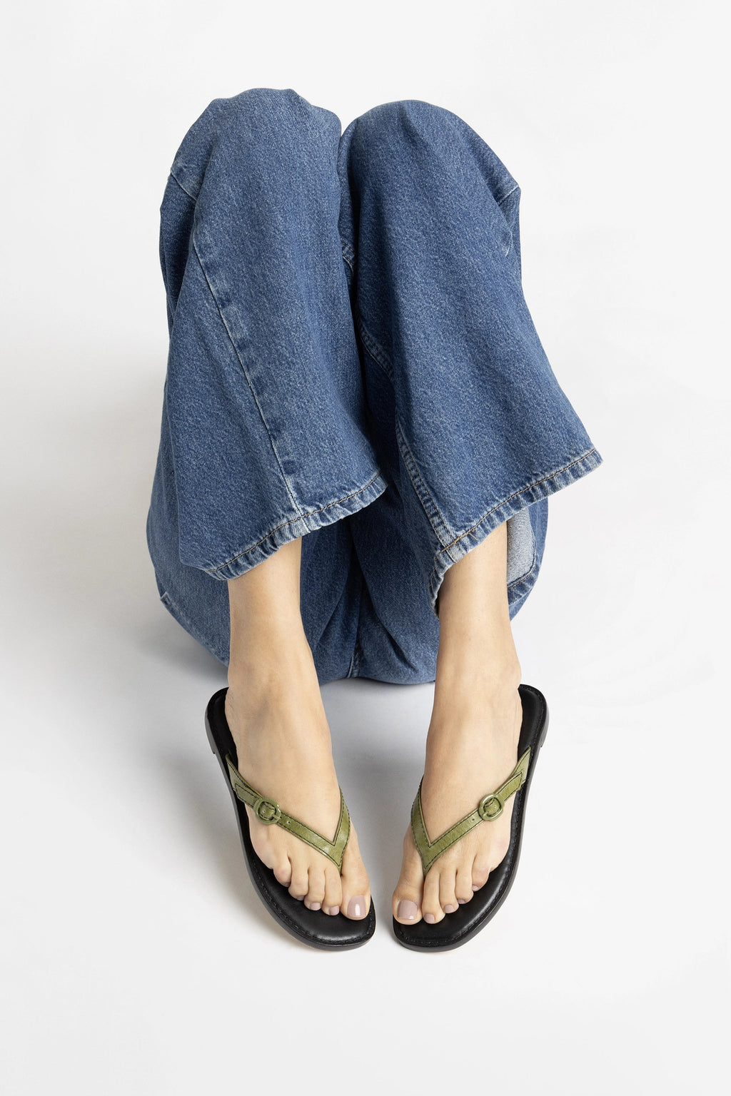 Larroude Mary Kate Flat Sandal In Seaweed Leather