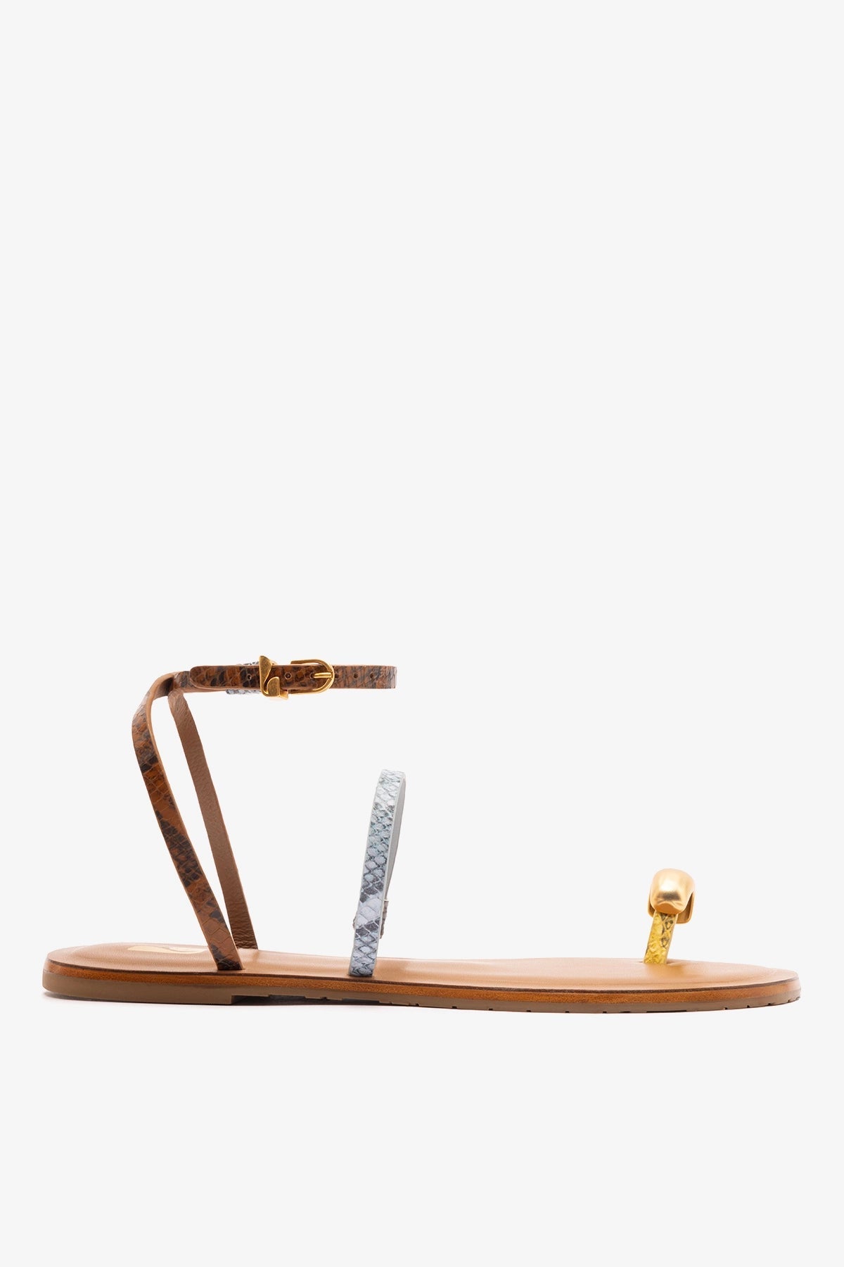 Larroude Biarritz Flat Sandal In Lemonade, Maya and Oud Python Embossed Leather