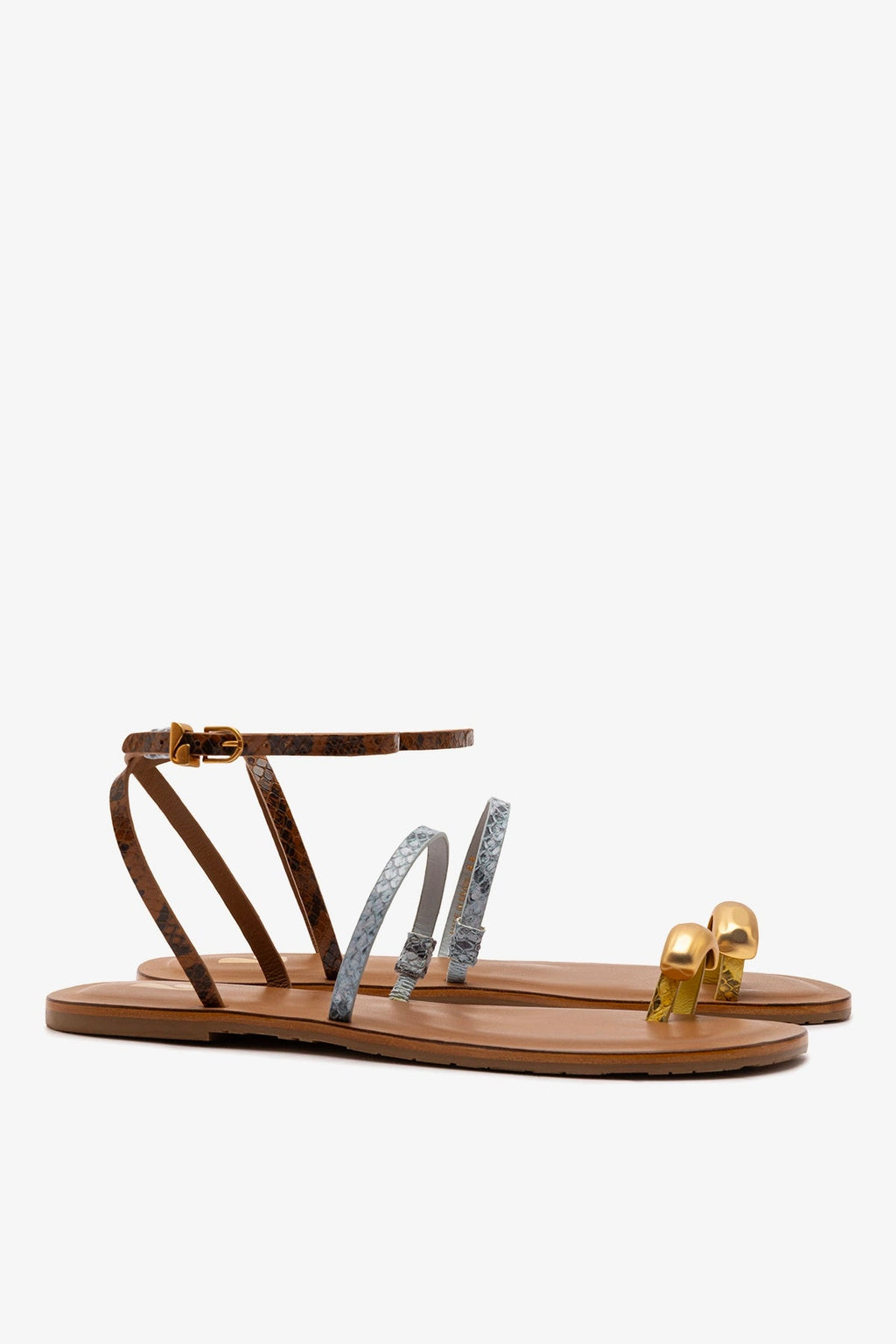 Larroude Biarritz Flat Sandal In Lemonade, Maya and Oud Python Embossed Leather