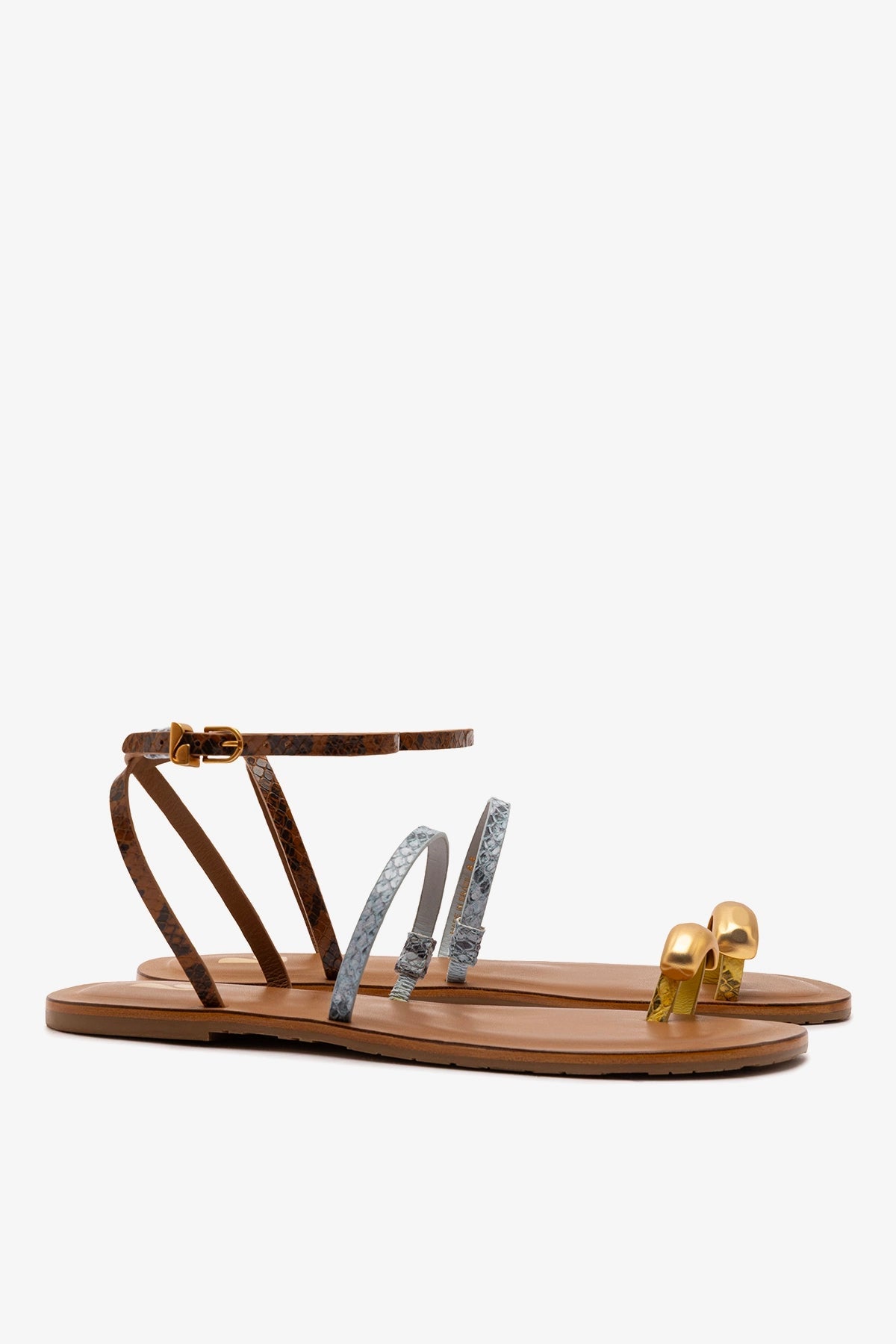 Larroude Biarritz Flat Sandal In Lemonade, Maya and Oud Python Embossed Leather