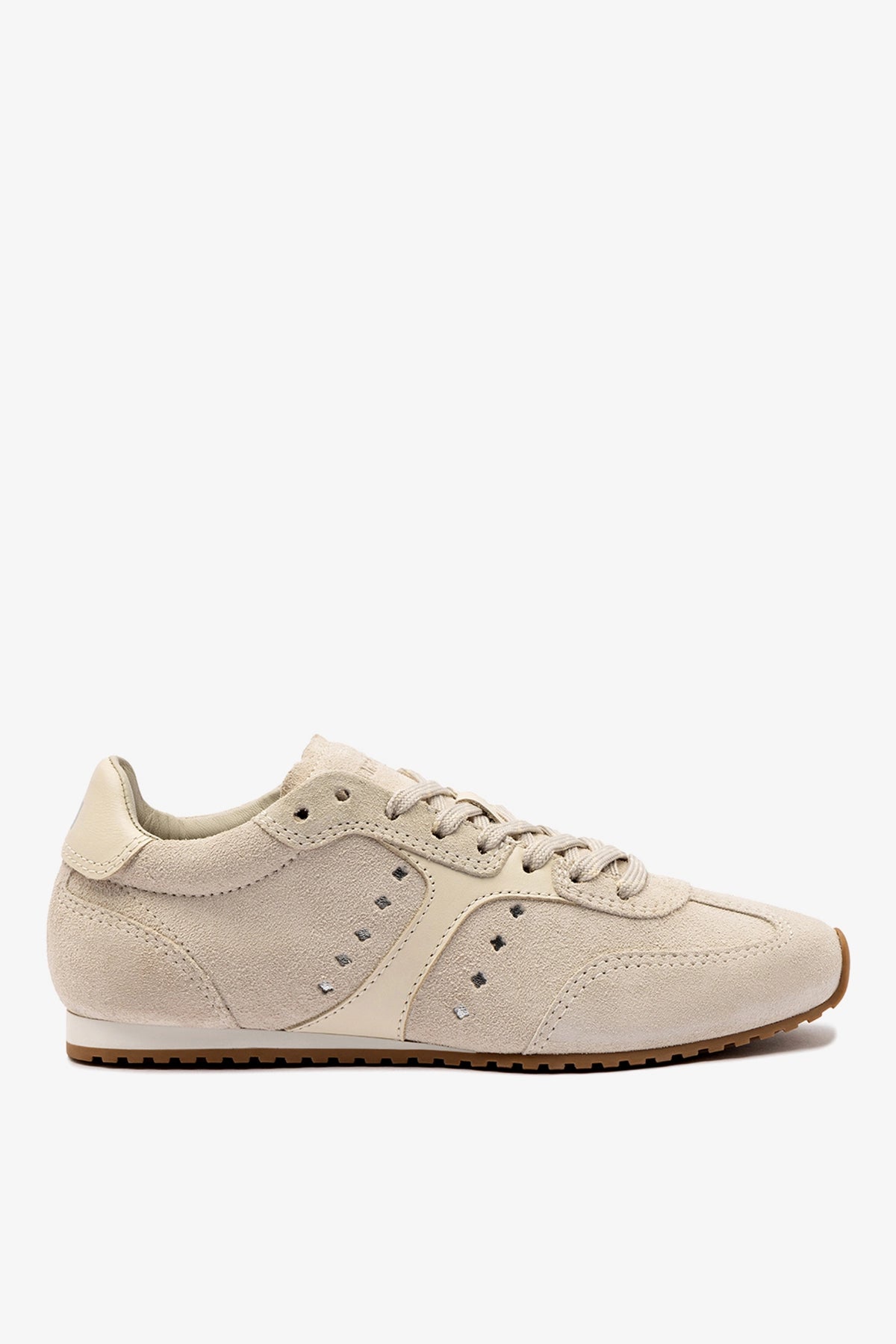 Larroude Stella Sneaker In Mushroom Grey Suede and Ivory Leather