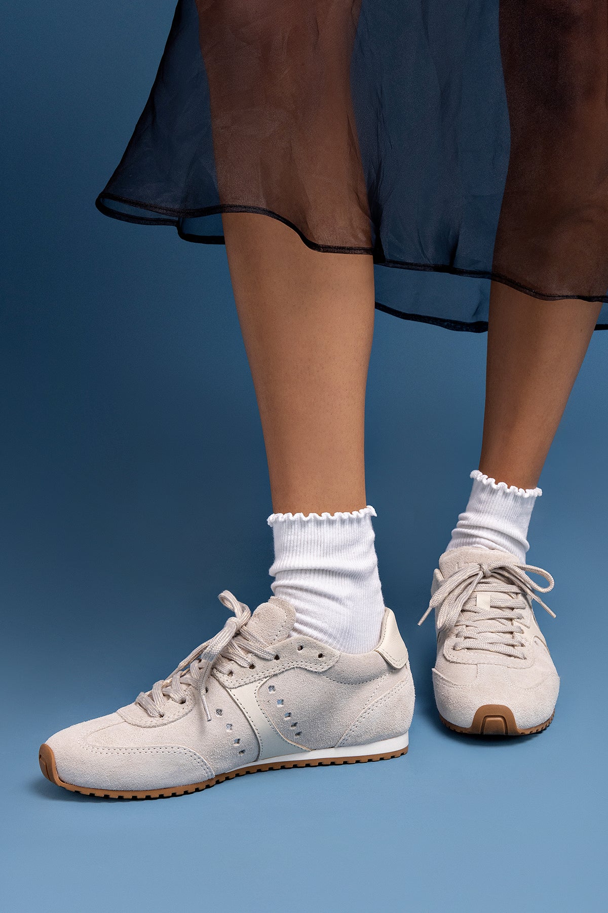 Larroude Stella Sneaker In Mushroom Grey Suede and Ivory Leather