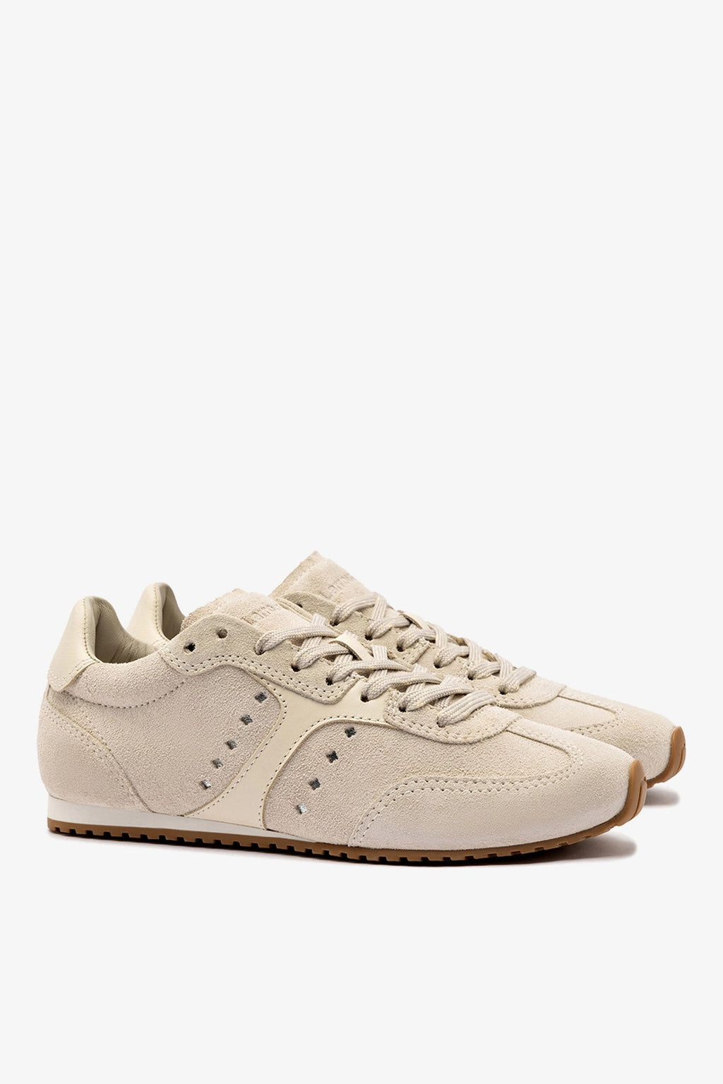 Larroude Stella Sneaker In Mushroom Grey Suede and Ivory Leather