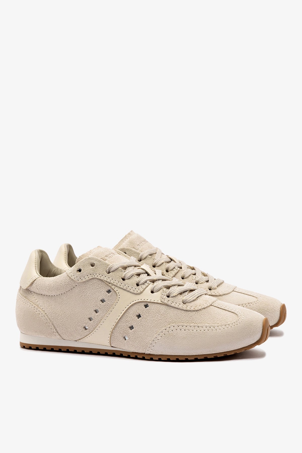 Larroude Stella Sneaker In Mushroom Grey Suede and Ivory Leather