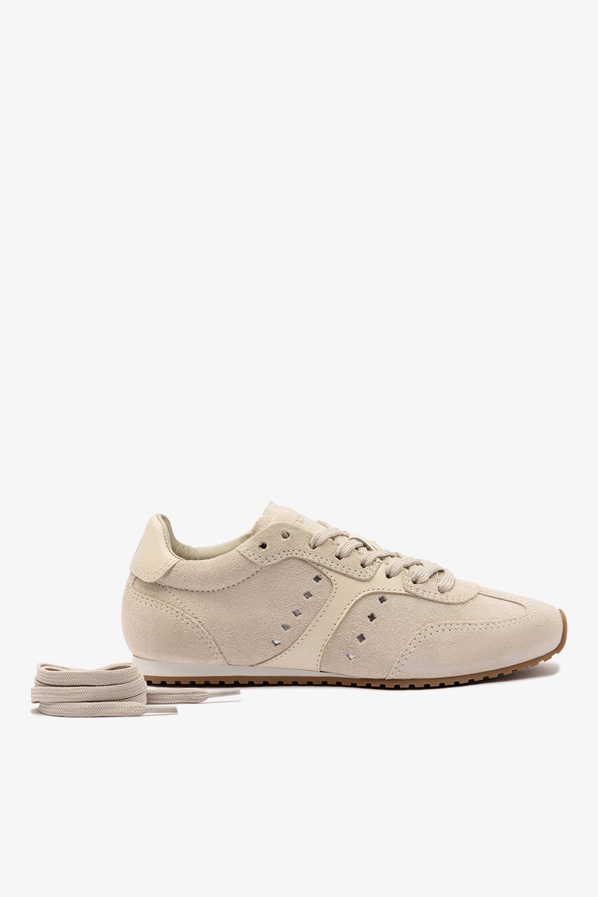 Larroude Stella Sneaker In Mushroom Grey Suede and Ivory Leather