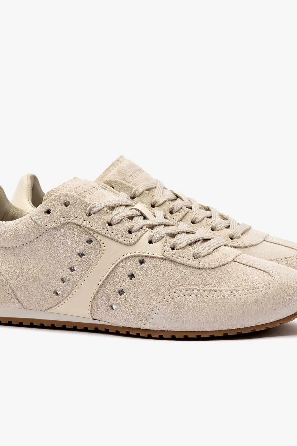 Larroude Stella Sneaker In Mushroom Grey Suede and Ivory Leather