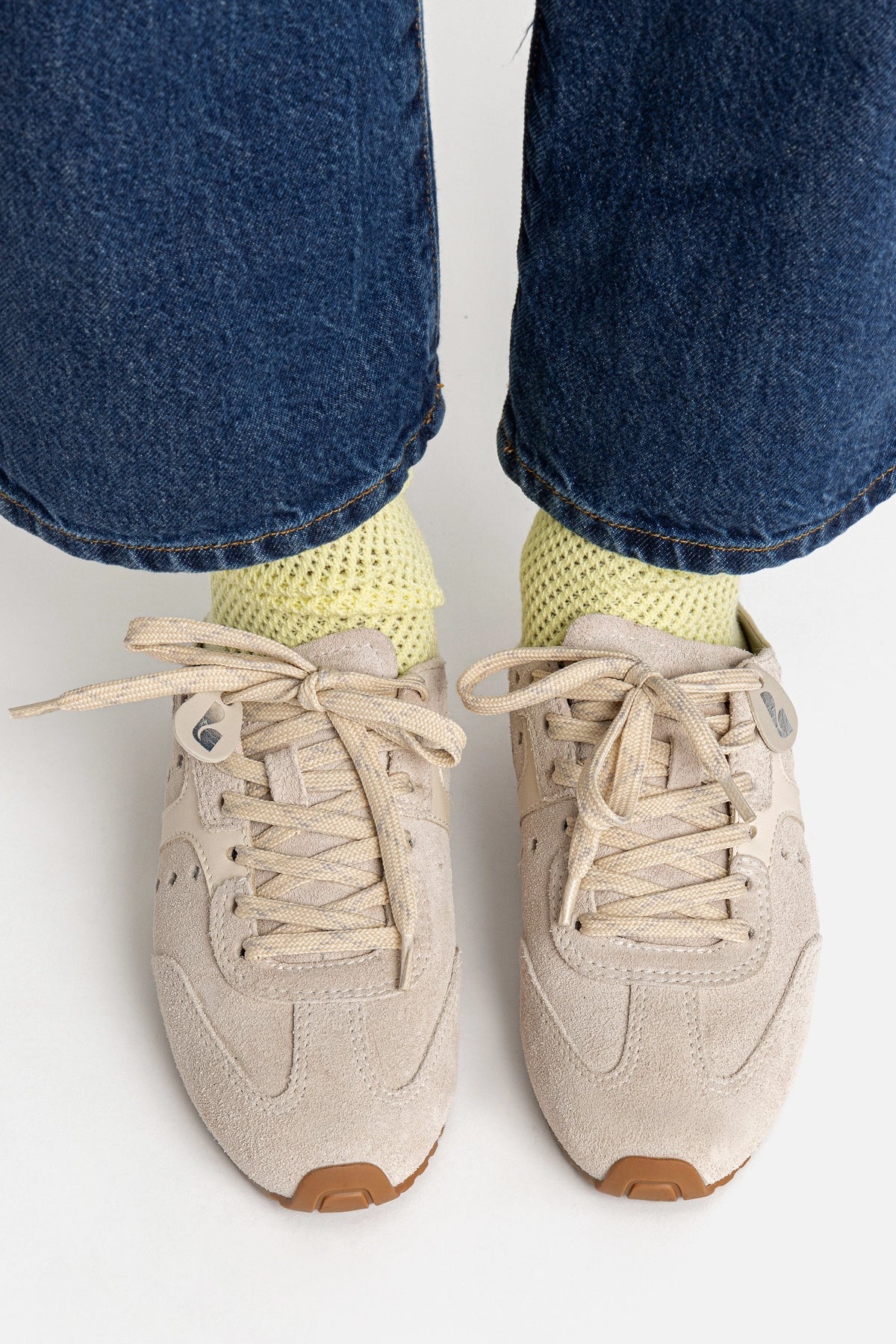 Larroude Stella Sneaker In Mushroom Grey Suede and Ivory Leather
