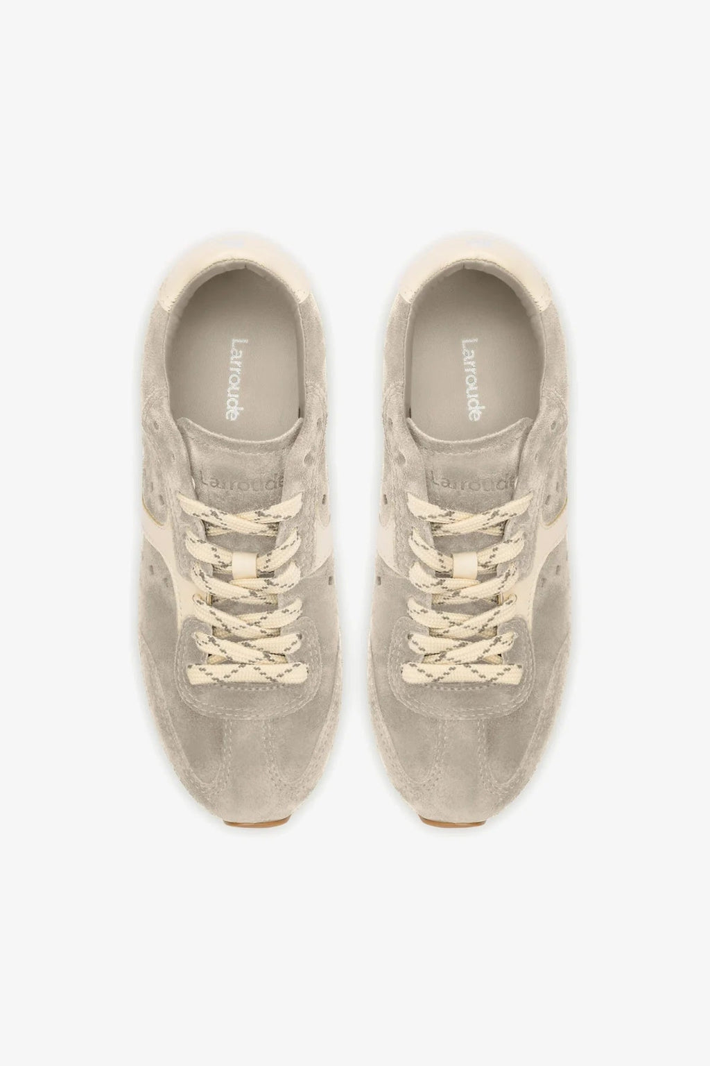 Larroude Stella Sneaker In Mushroom Grey Suede and Ivory Leather