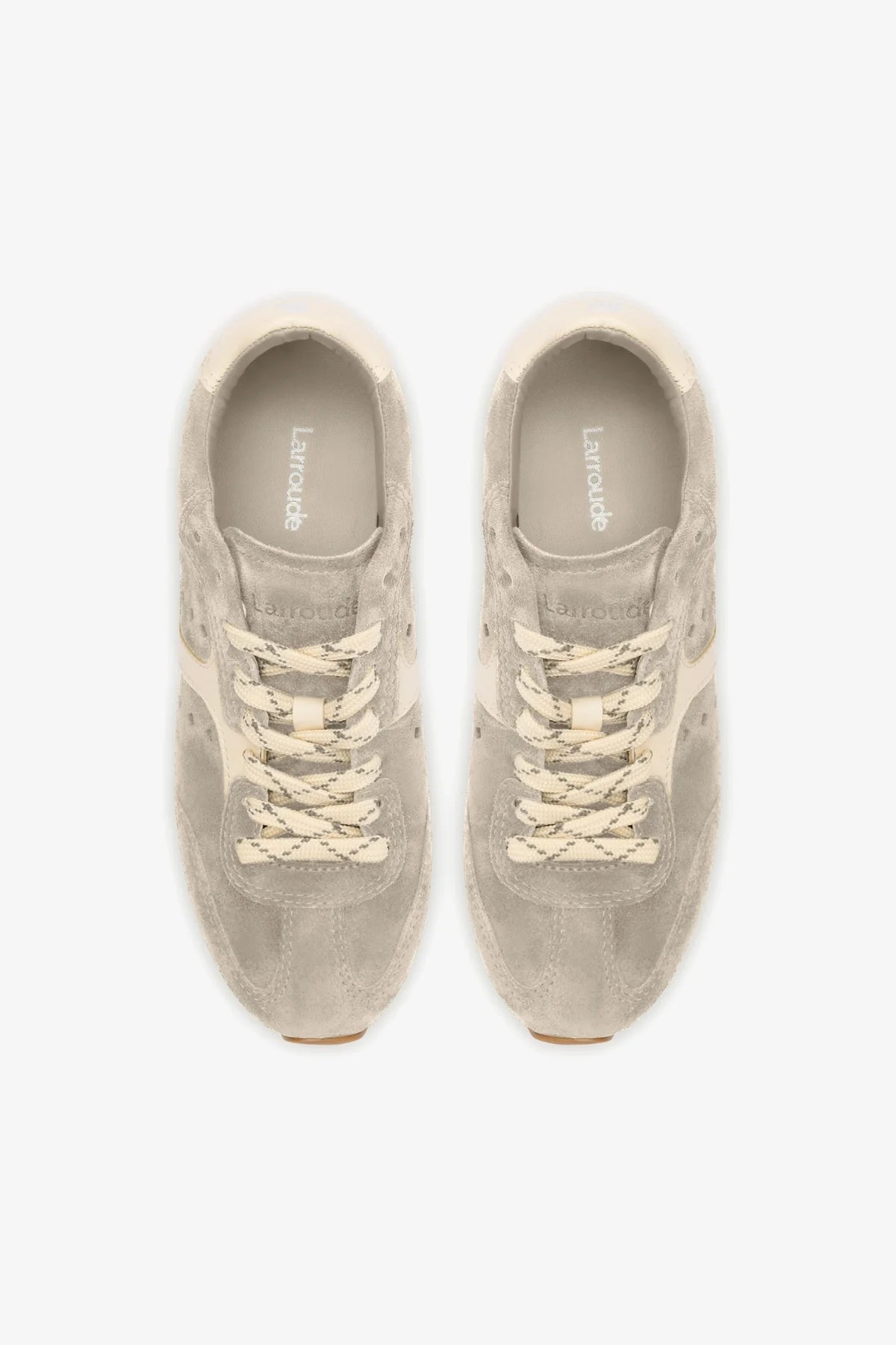 Larroude Stella Sneaker In Mushroom Grey Suede and Ivory Leather