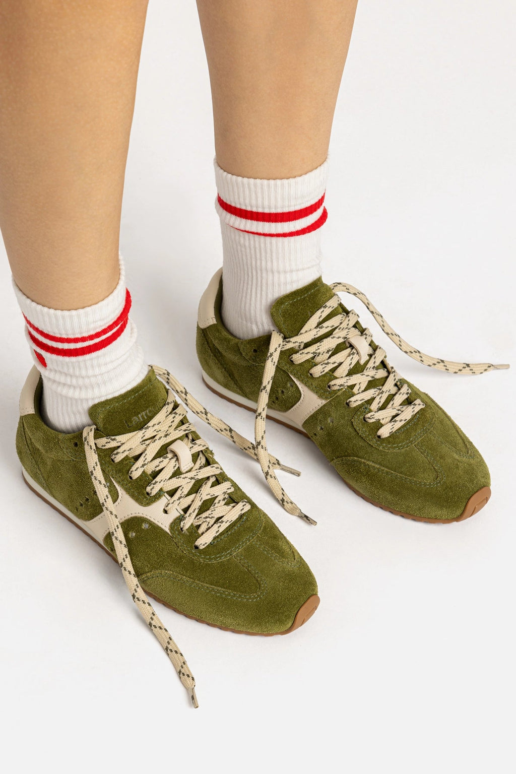 Larroude Stella Sneaker In Seaweed Suede and Ivory Leather