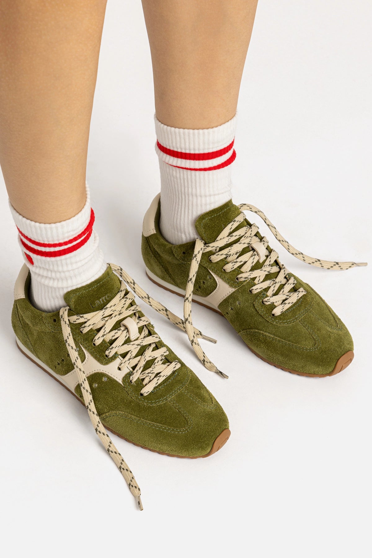 Larroude Stella Sneaker In Seaweed Suede and Ivory Leather