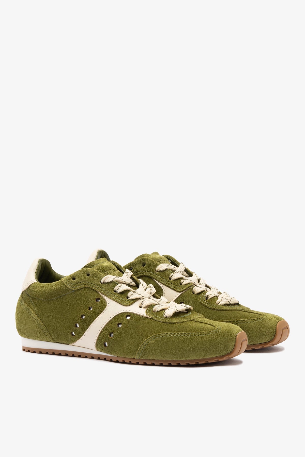 Larroude Stella Sneaker In Seaweed Suede and Ivory Leather