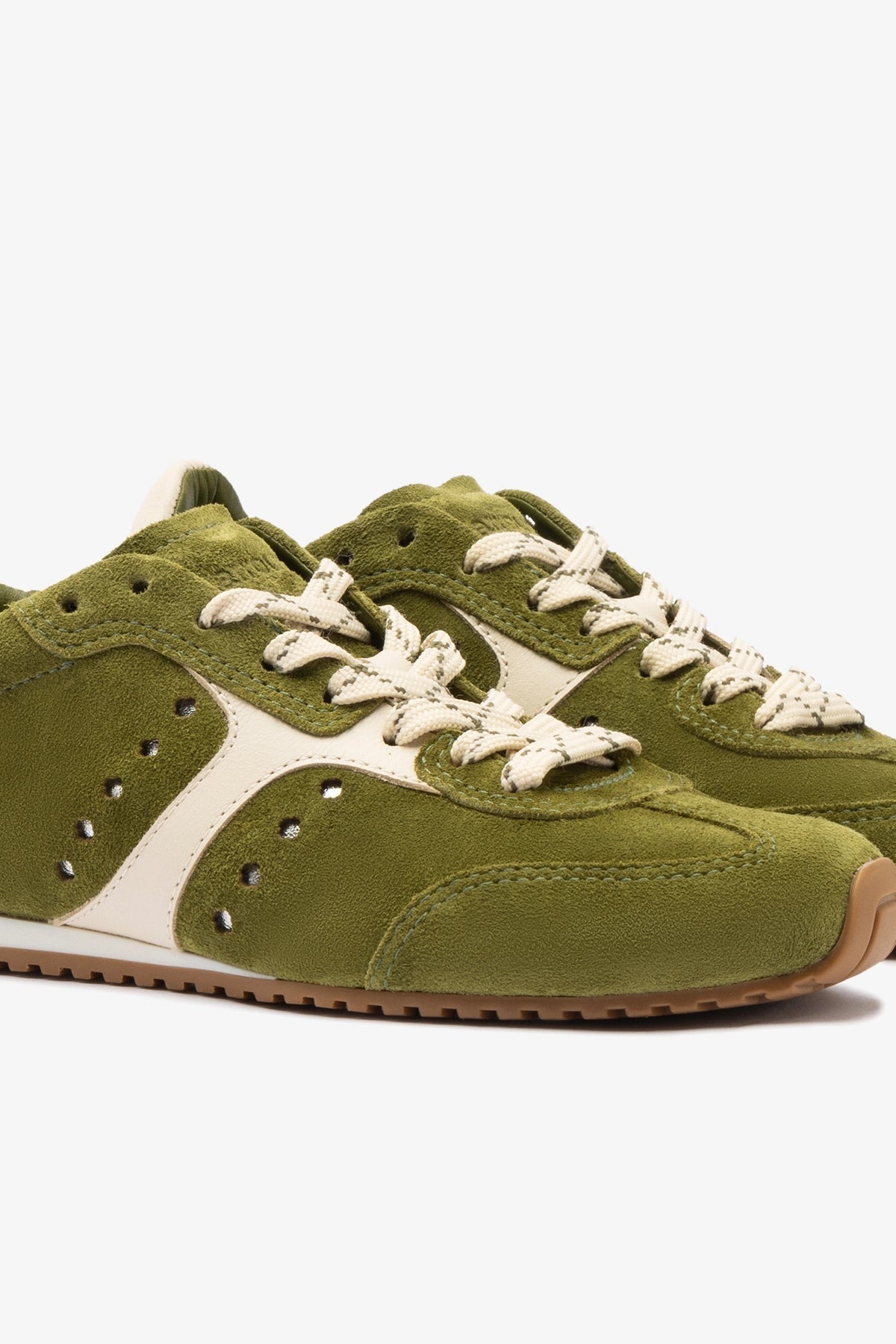 Larroude Stella Sneaker In Seaweed Suede and Ivory Leather