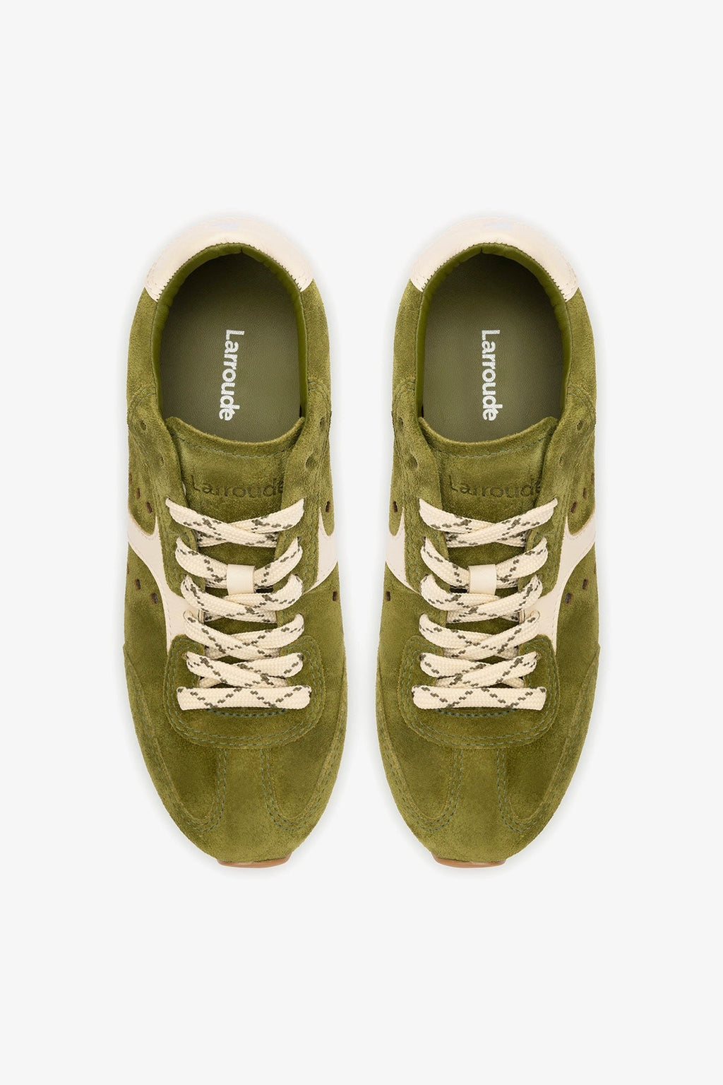 Larroude Stella Sneaker In Seaweed Suede and Ivory Leather