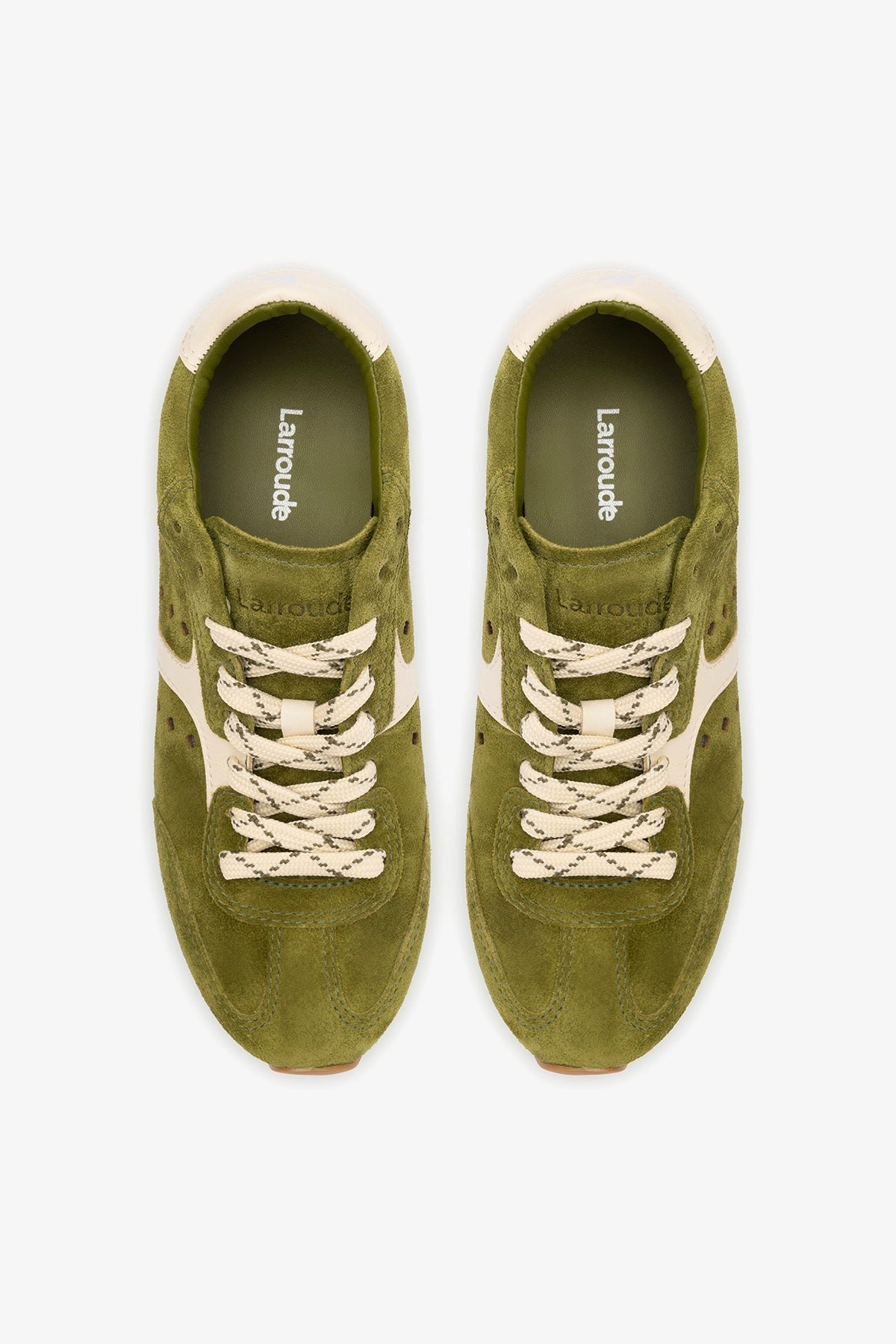 Larroude Stella Sneaker In Seaweed Suede and Ivory Leather
