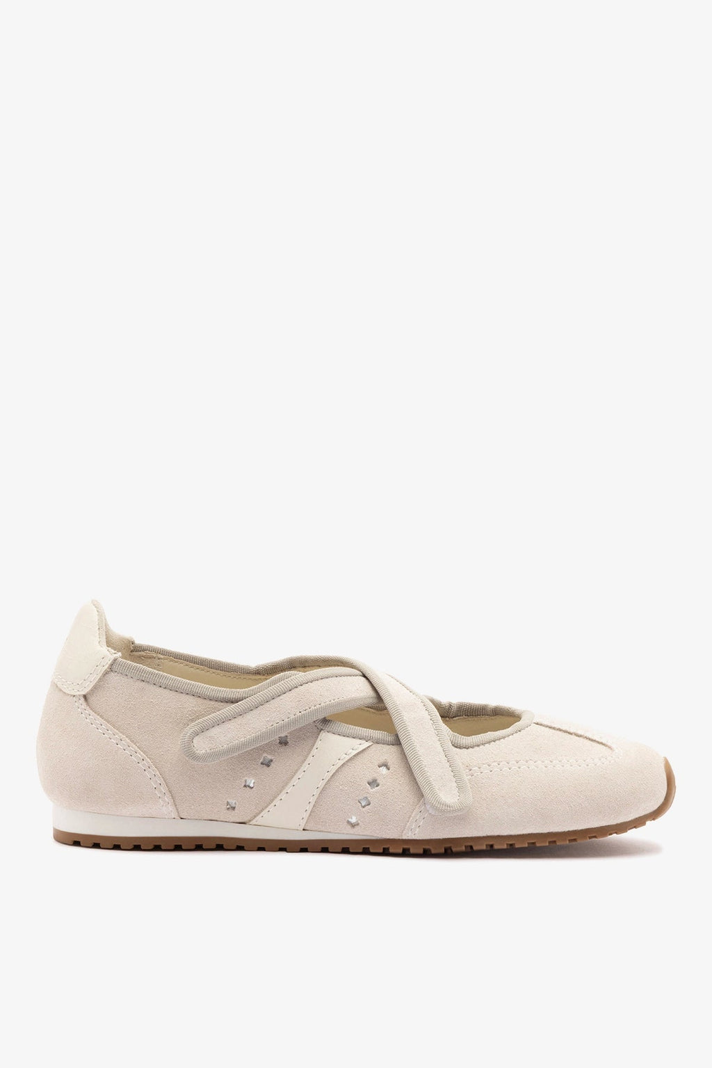 Larroude Stella Ballerina Flat In Mushroom Grey Suede and Ivory Leather