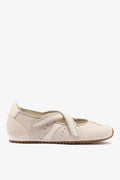 Larroude Stella Ballerina Flat In Mushroom Grey Suede and Ivory Leather