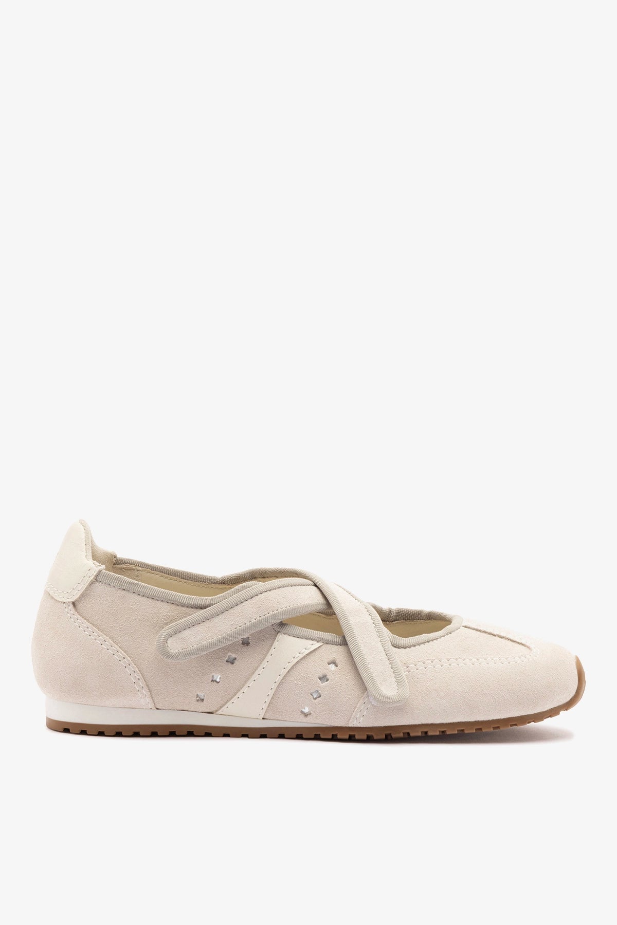 Larroude Stella Ballerina Flat In Mushroom Grey Suede and Ivory Leather