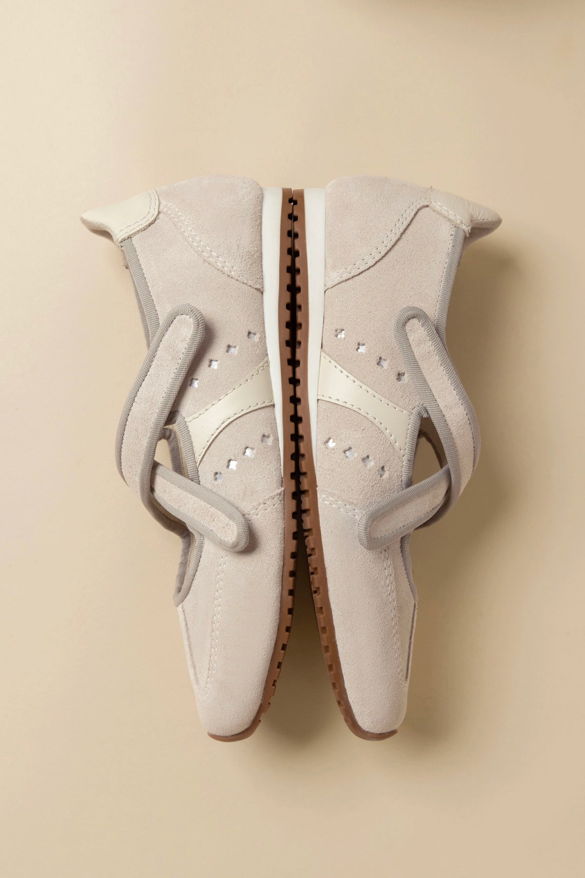 Larroude Stella Ballerina Flat In Mushroom Grey Suede and Ivory Leather