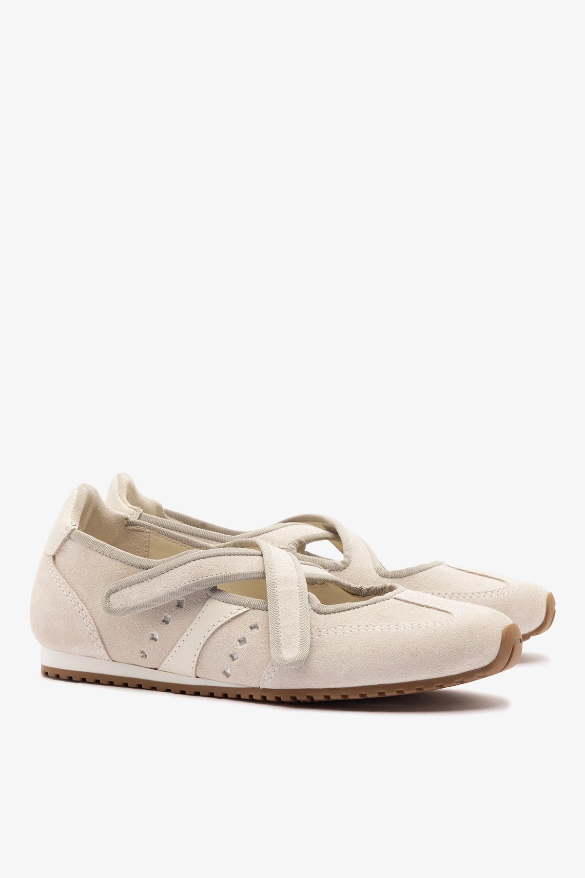 Larroude Stella Ballerina Flat In Mushroom Grey Suede and Ivory Leather