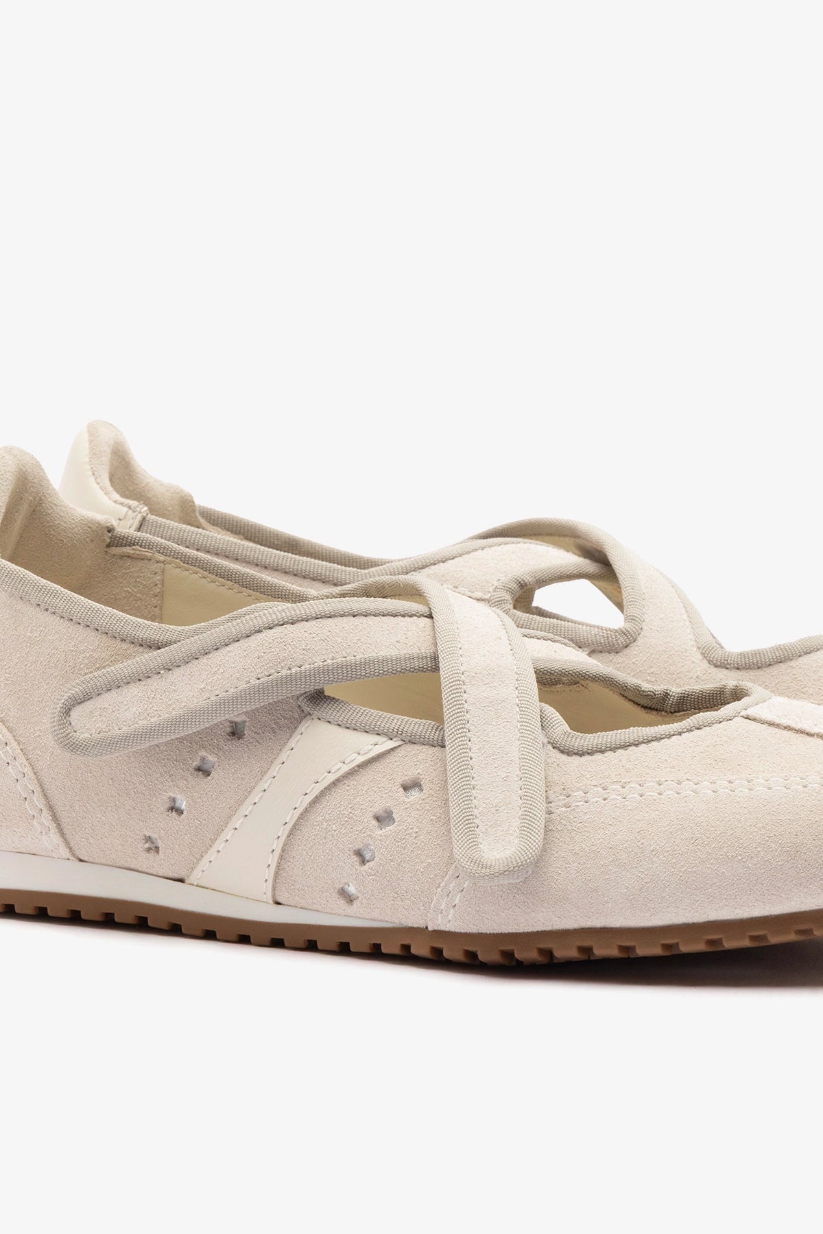 Larroude Stella Ballerina Flat In Mushroom Grey Suede and Ivory Leather