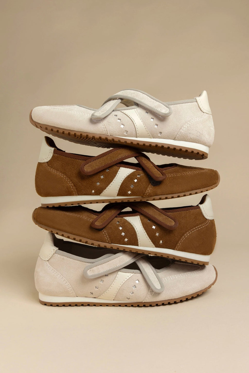 Larroude Stella Ballerina Flat In Mushroom Grey Suede and Ivory Leather