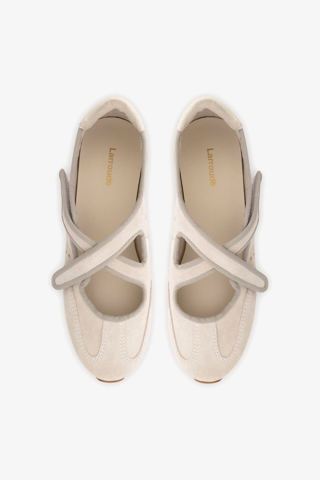 Larroude Stella Ballerina Flat In Mushroom Grey Suede and Ivory Leather