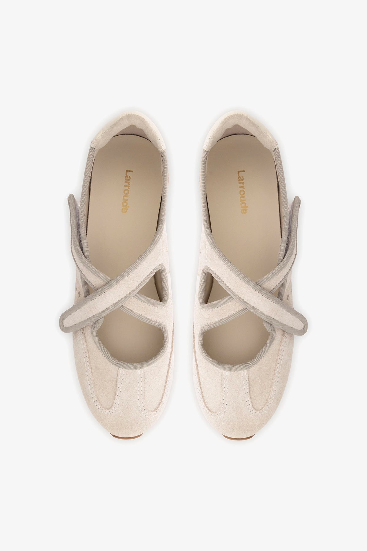 Larroude Stella Ballerina Flat In Mushroom Grey Suede and Ivory Leather