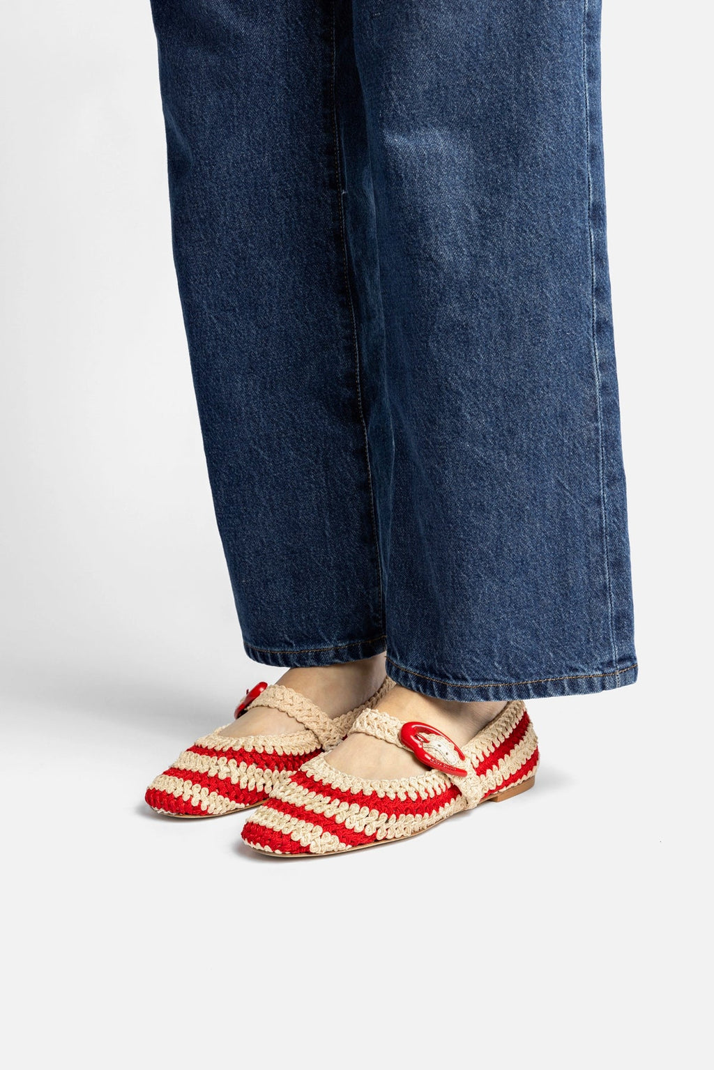 Larroude Verona Crochet Ballet Flat In Scarlet and Ivory Crochet