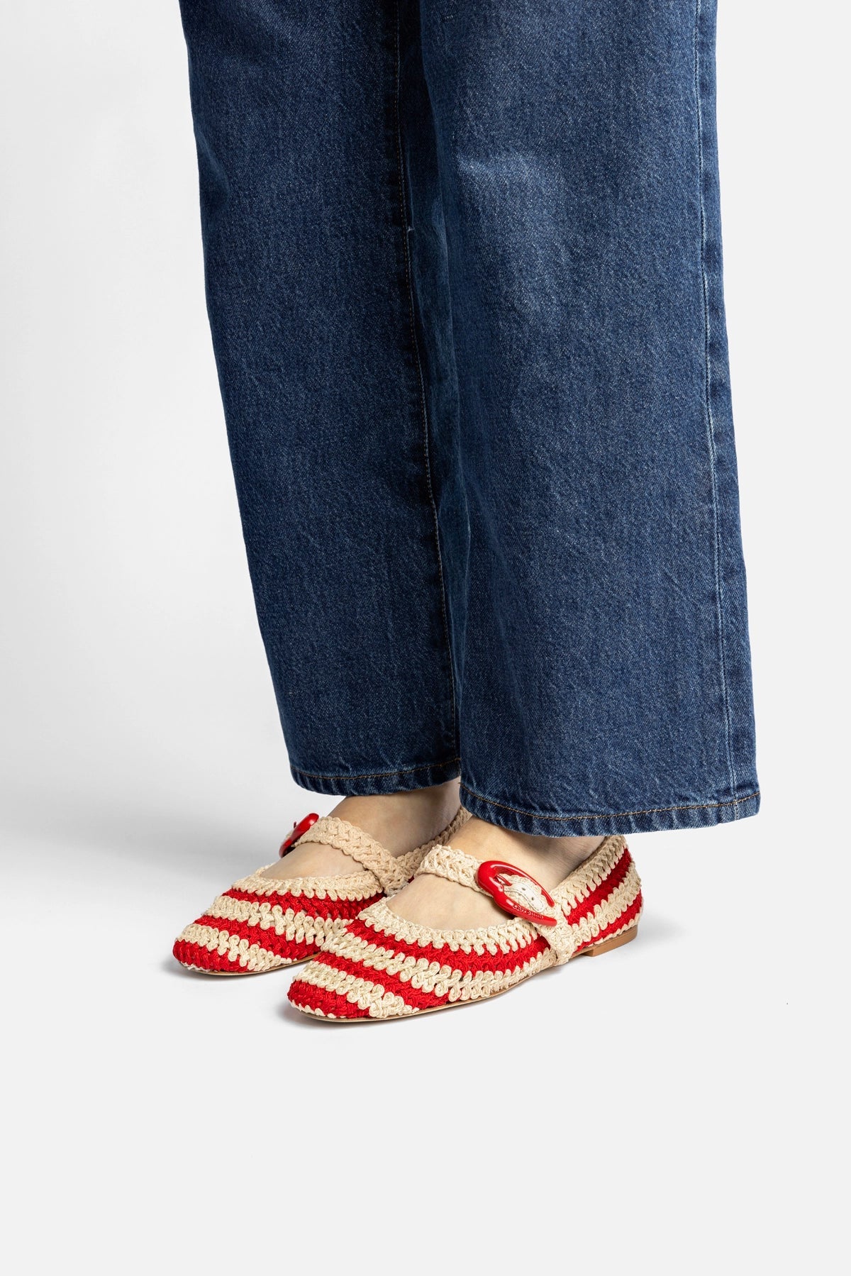Larroude Verona Crochet Ballet Flat In Scarlet and Ivory Crochet