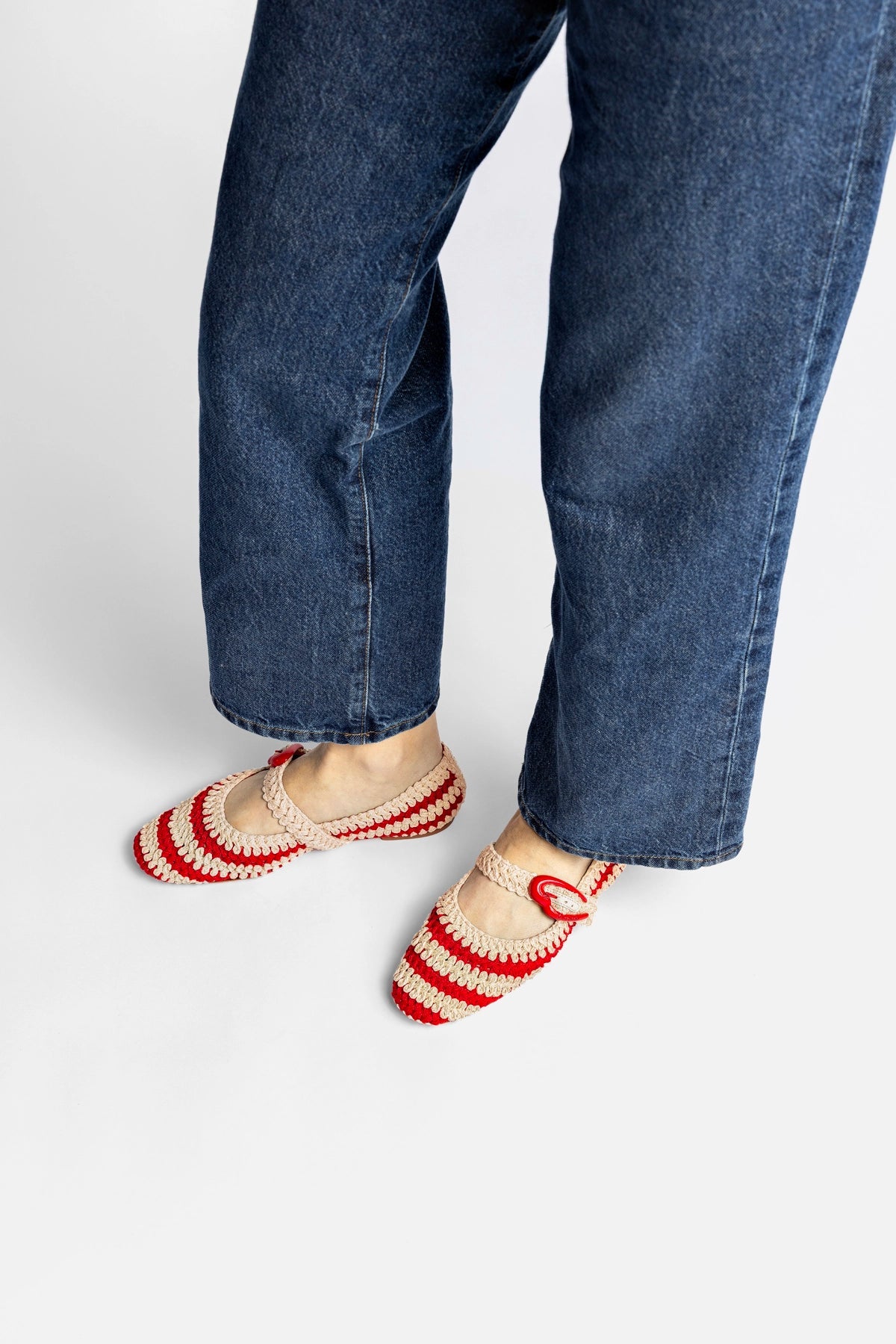 Larroude Verona Crochet Ballet Flat In Scarlet and Ivory Crochet