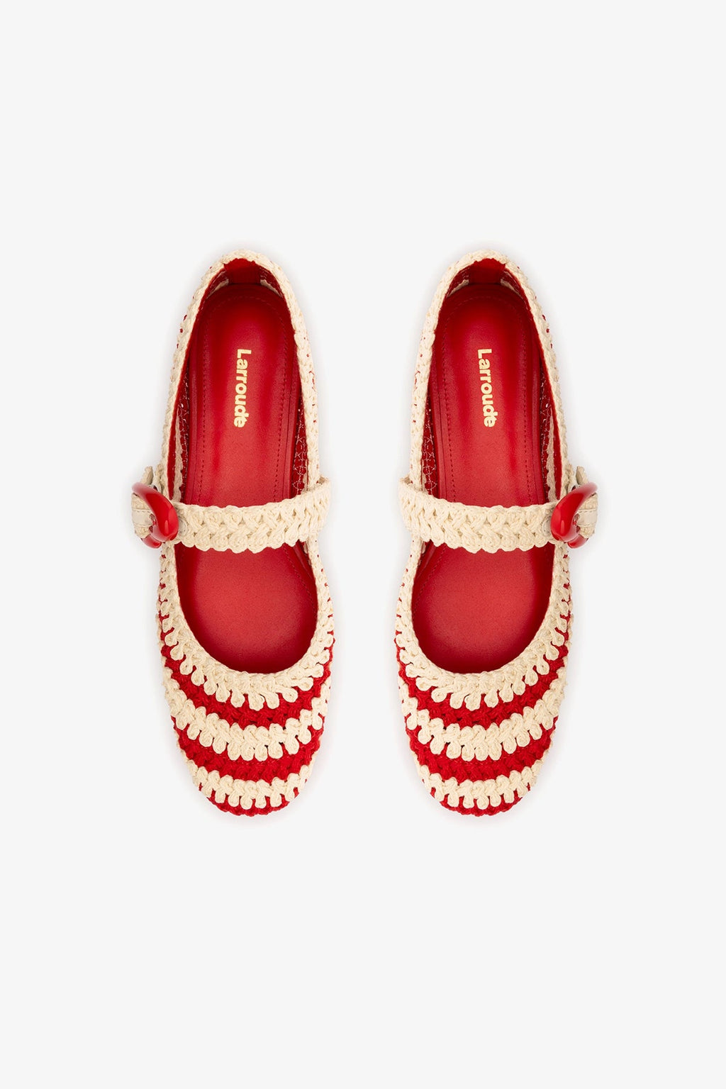 Larroude Verona Crochet Ballet Flat In Scarlet and Ivory Crochet
