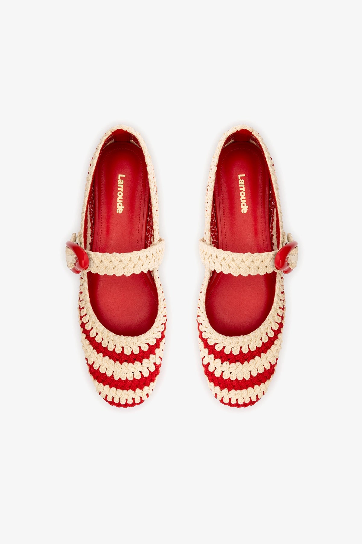 Larroude Verona Crochet Ballet Flat In Scarlet and Ivory Crochet