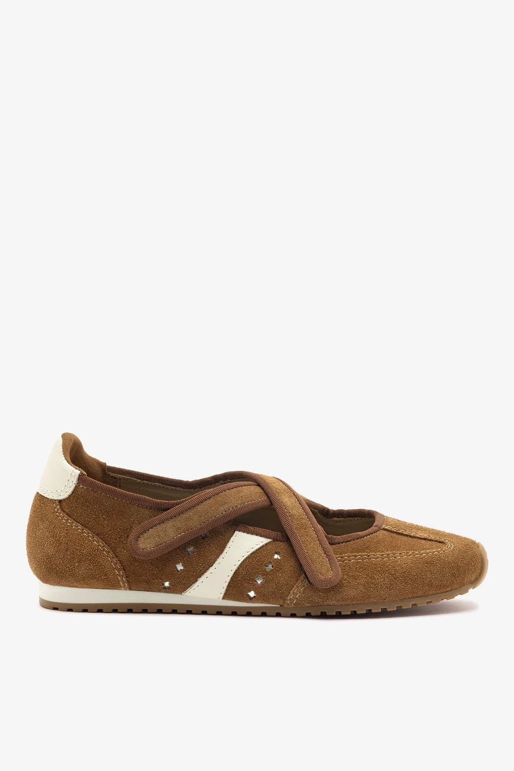Larroude Stella Ballerina Flat In Russet Suede and Ivory Leather