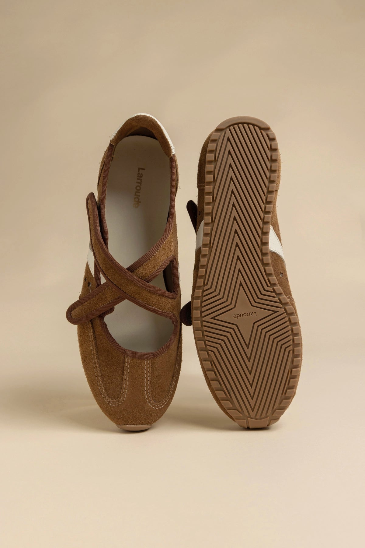 Larroude Stella Ballerina Flat In Russet Suede and Ivory Leather
