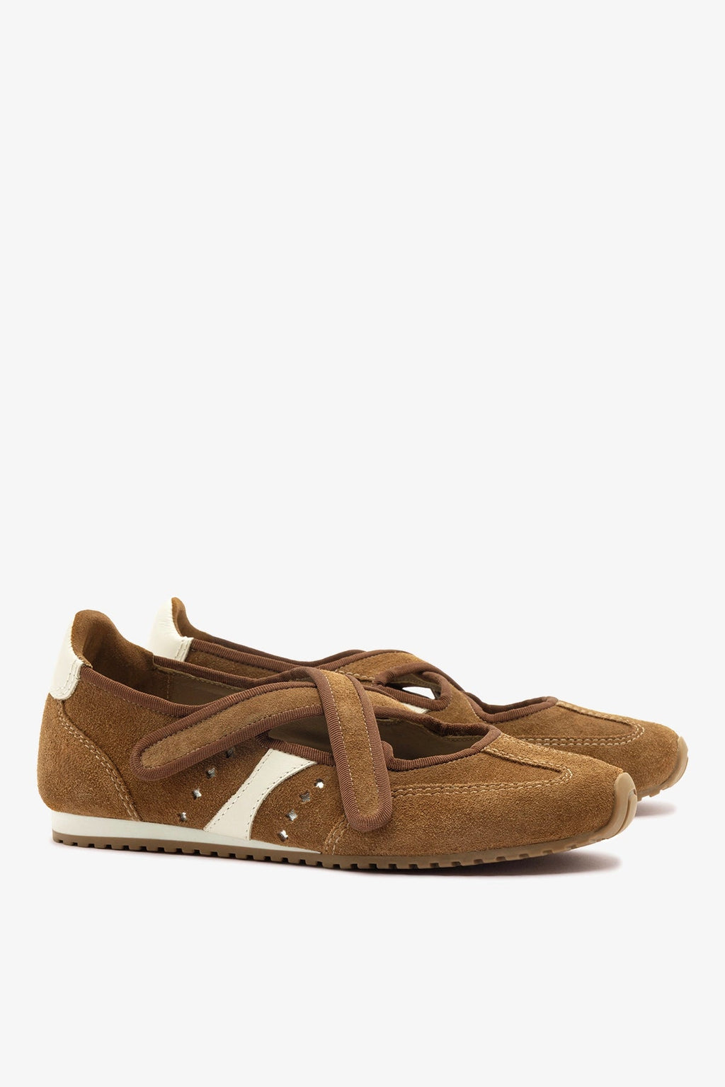 Larroude Stella Ballerina Flat In Russet Suede and Ivory Leather