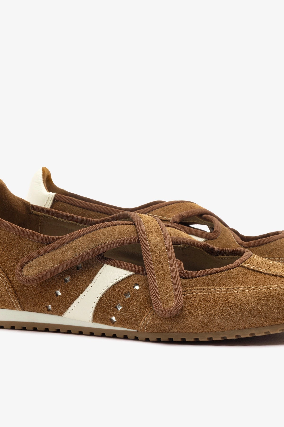 Larroude Stella Ballerina Flat In Russet Suede and Ivory Leather