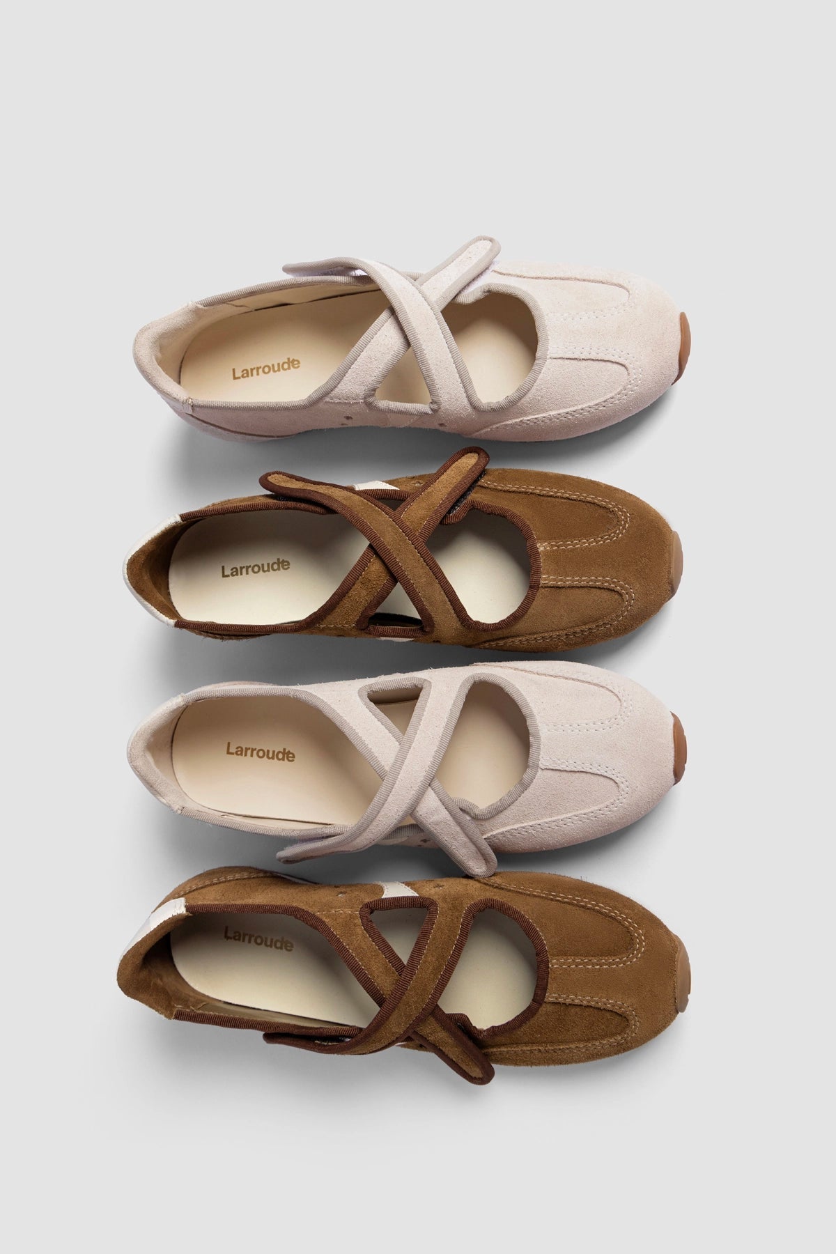 Larroude Stella Ballerina Flat In Russet Suede and Ivory Leather