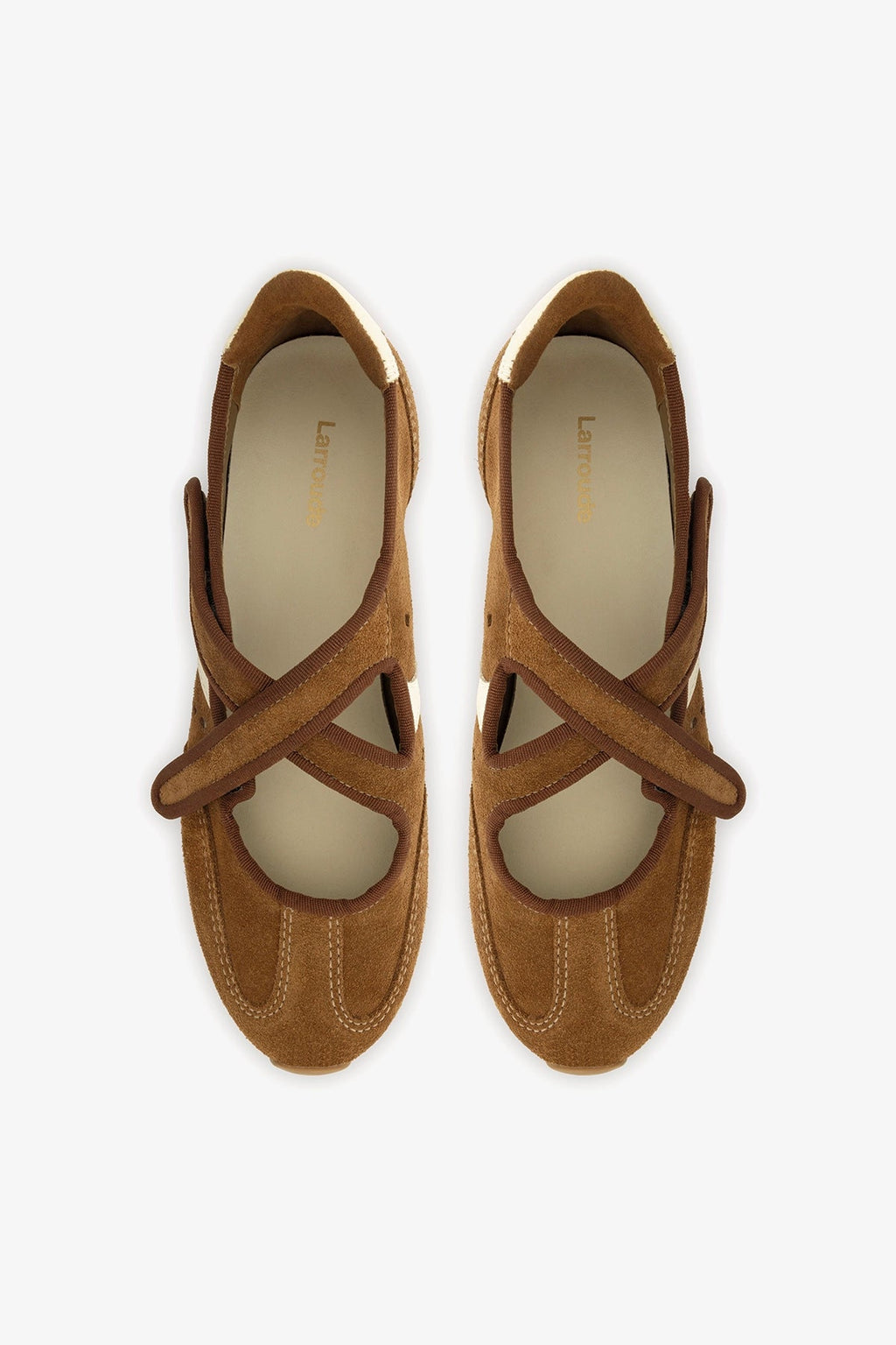 Larroude Stella Ballerina Flat In Russet Suede and Ivory Leather