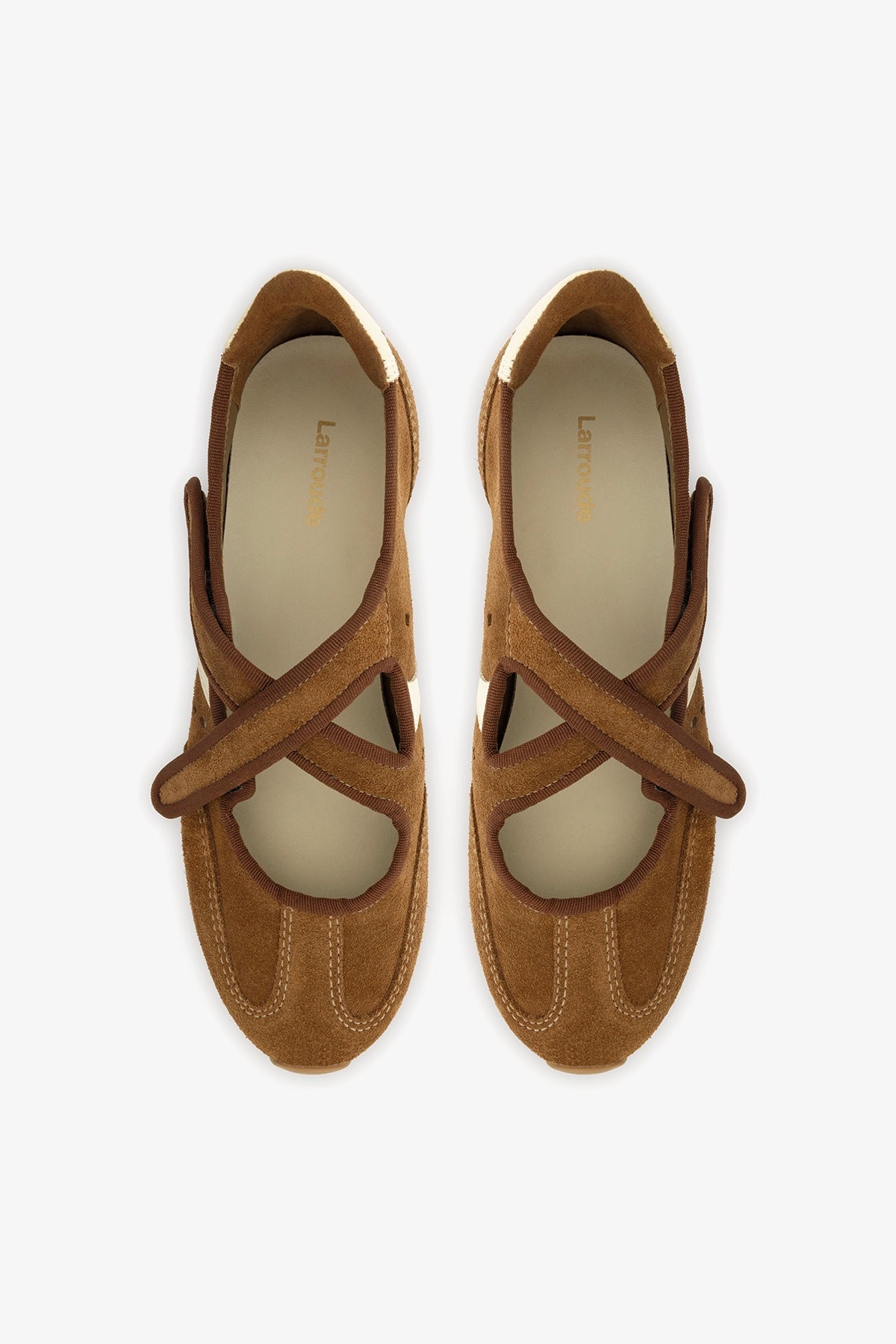 Larroude Stella Ballerina Flat In Russet Suede and Ivory Leather