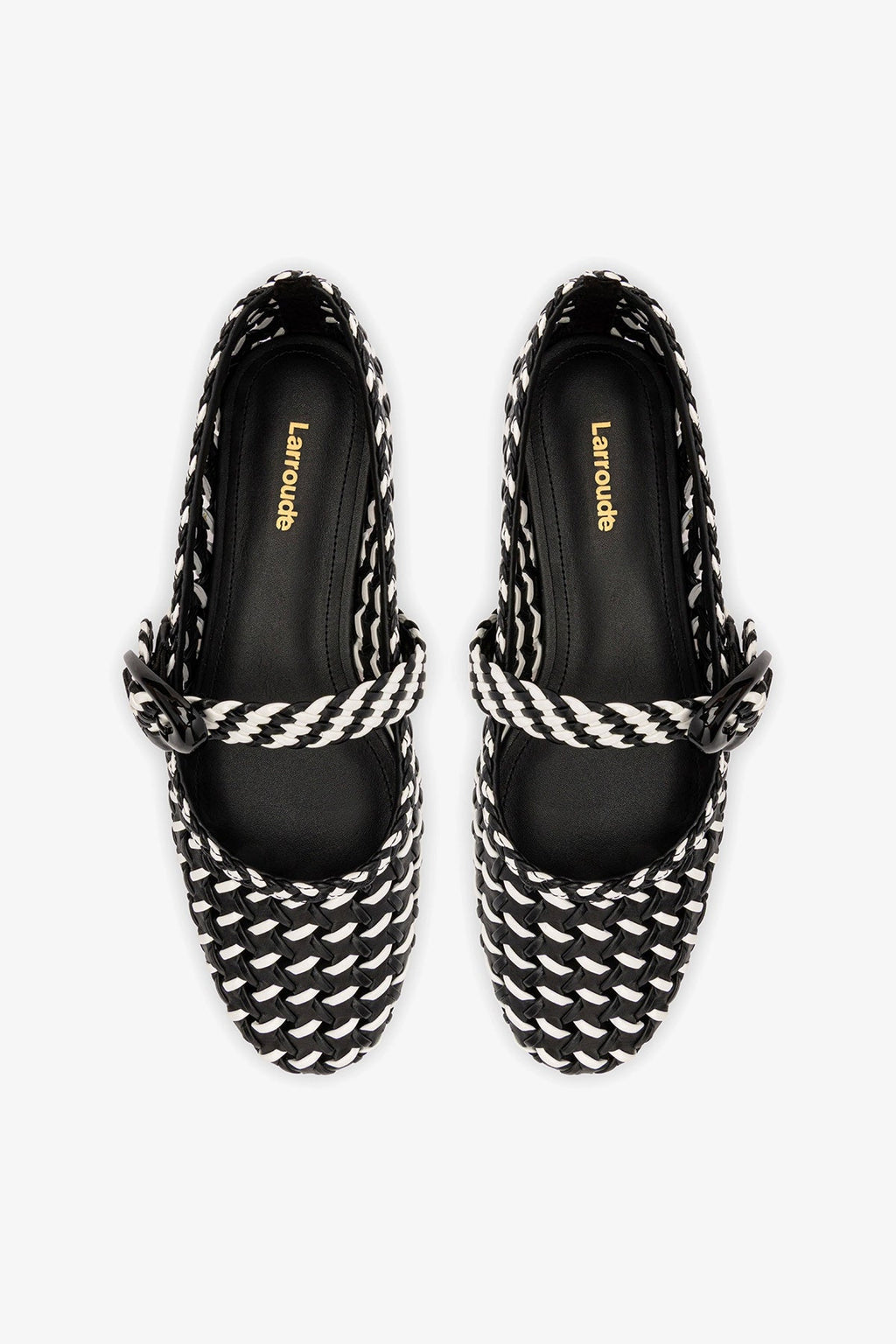 Larroude Verona Macrame Ballet Flat In Black and White Leather