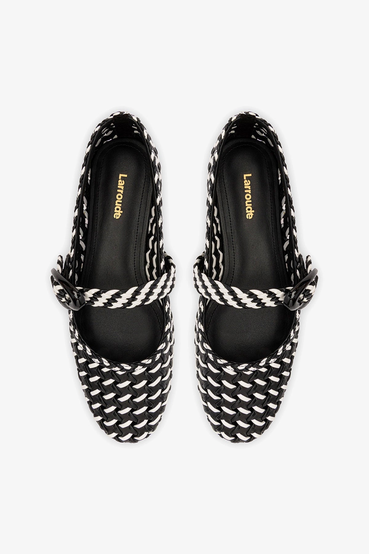 Larroude Verona Macrame Ballet Flat In Black and White Leather