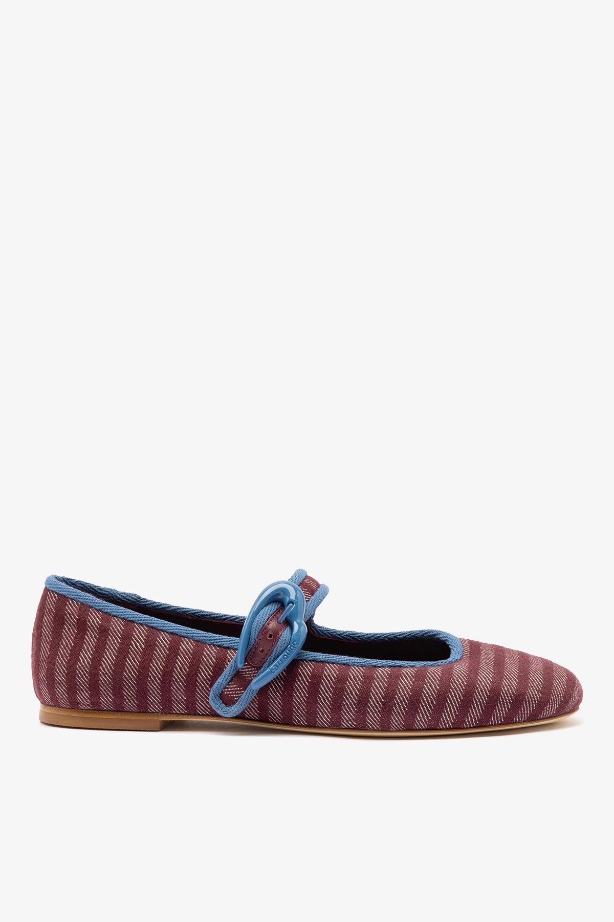 Larroude Verona Ballet Flat In Wine Striped Fabric and Blue Stoned Trimming