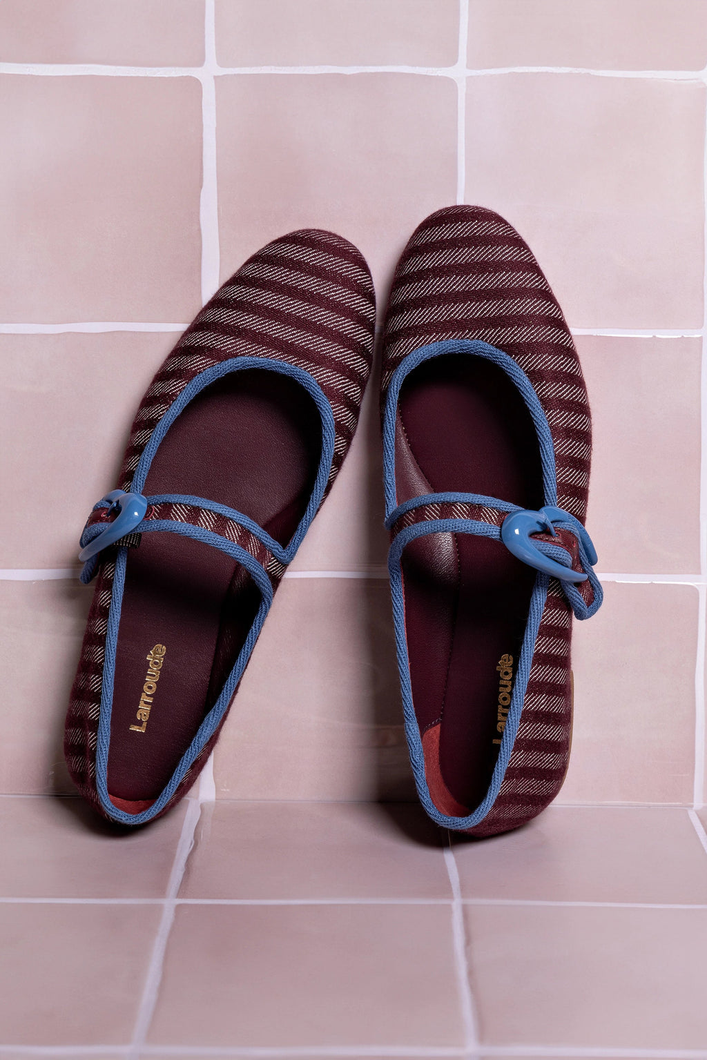 Larroude Verona Ballet Flat In Wine Striped Fabric and Blue Stoned Trimming
